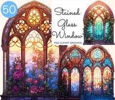 stained glass windows with flowers in them and the words stained glass window pst graphics