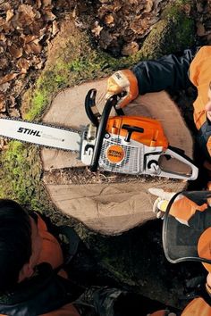 two men in orange jackets with chainsaws on top of a tree stump, looking down at the camera