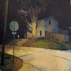 a painting of a street at night with a stop sign in the foreground and a house on the other side