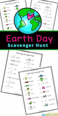 the earth day scavenger hunt is shown in four different colors and sizes, including one