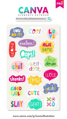 the sticker sheet for canva is shown with colorful speech bubbles and sayings