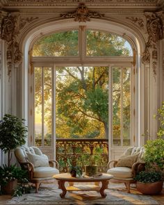 a living room filled with lots of furniture next to a large window covered in trees