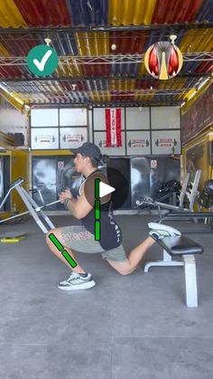 a man doing squats on a bench in a gym with an arrow pointing to the side