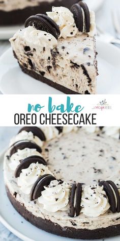 no - bake oreo cheesecake with oreo cookies on the top and bottom