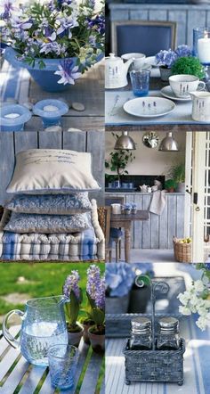 a collage of blue and white pictures with flowers in vases, plates, dishes