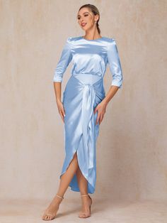 Sky_Blue Satin Wedding Guest Dress, Detachable Dress, Ankle Length Dress, Half Sleeve Dresses, Mother Of The Bride Dress, Satin Wedding, Dress Purchase, Dress Zipper, Color Shades