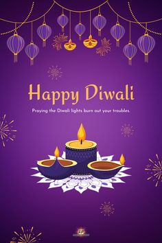 happy diwali greeting card with candles on purple background and gold foiled decorations