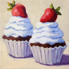 two cupcakes with white frosting and strawberries on top are shown in this painting