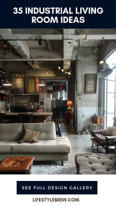 35 industrial living room ideas showcasing modern design with raw materials and stylish decor. Perfect inspiration for a trendy home makeover. Industrial Living Room Ideas, Clever Decor, Vintage Leather Sofa, Art Deco Living Room, Bold Aesthetic, Pipe Decor