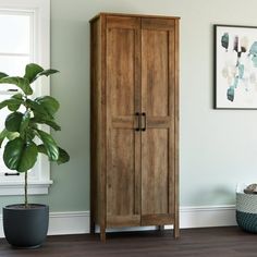 a tall wooden cabinet next to a potted plant