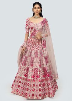 Cerise pink applique and embellished heavy kali mirror work tissue lehenga with broad lehenga border, blouse and broad border net dupatta. Tissue Lehenga, Kali Lehenga, Aisha Rao, Lehenga With Blouse, Drape Sarees, Celebrity Closet, Pink Lehenga, Cerise Pink, Sharara Set