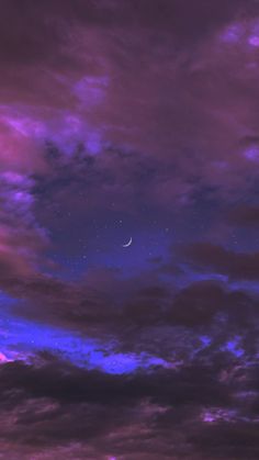 the sky is filled with purple clouds and stars in the distance, as well as a half moon