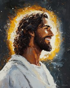 an oil painting of jesus smiling and wearing a white robe with yellow halo around his neck