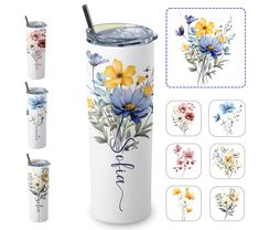 the tumbler is decorated with colorful flowers and leaves, along with matching coasters