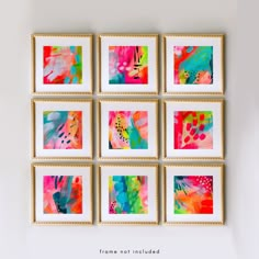 six framed art pieces hanging on the wall with text overlay that reads frames not included