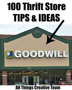 a store front with the words good will on it and an arrow pointing to the door