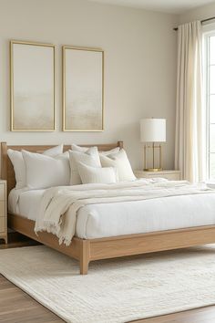 a large bed sitting in a bedroom next to a window with two framed pictures above it