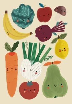 a bunch of fruits and vegetables with faces drawn on them