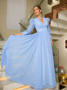 A-Line/Princess Chiffon Ruched V-neck Long Sleeves Floor-Length Dresses Dresses Quinceanera, Floor Length Dresses, Wedding Bridesmaid Dresses, Quinceanera Dresses, Cocktail Dress Party, Special Occasion Dresses, Elegant Fashion, Occasion Dresses, Mother Of The Bride