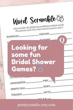 a bridal shower game with the text looking for some fun bridal shower games?