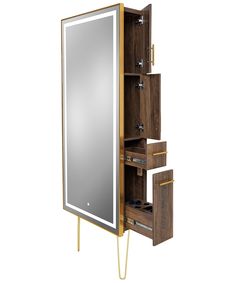 a wooden cabinet with mirror and hair dryer on it's legs, in front of a white background