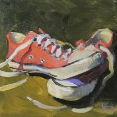 an oil painting of a pair of shoes on the ground with torn up white and red shoelaces