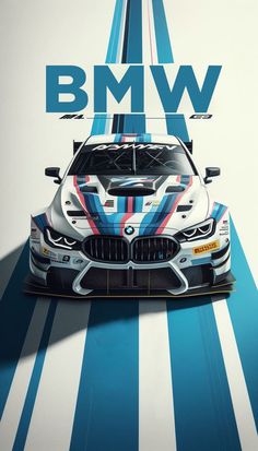 a bmw car is shown on a blue and white striped background