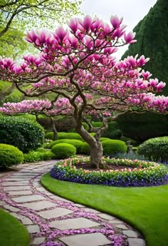 a tree with pink flowers in the middle of a green garden path surrounded by bushes and trees