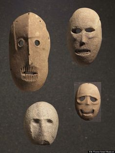 three clay masks with different facial expressions on them are shown in an image that appears to be from the early 20th century