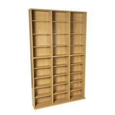 an empty wooden bookcase against a white background