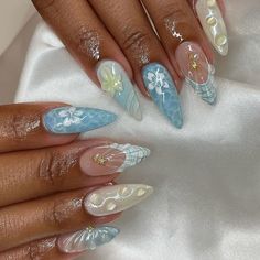 H2o Nails, Blue Summer Nails Designs, Water Nails Design, Shell Nails, Seashell Nails, Sea Nails, Water Nails, Summery Nails, Girly Acrylic Nails