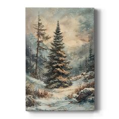 a painting of snow covered trees in the woods