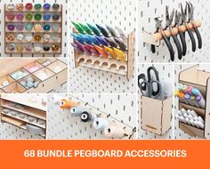 a collage of photos showing different types of pegboard accessories