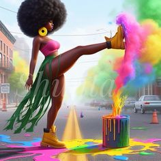 an image of a woman dancing in the street with colored powder all over her body