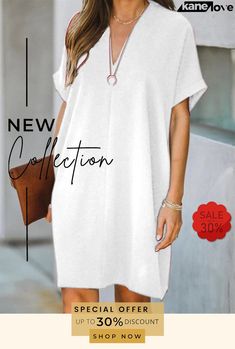 Elegant Fashion V Neck Short Sleeve Summer Dress for Lady Trendy V-neck Mini Dress For Daywear, V-neck Solid Color Mini Dress For Daywear, Solid Color V-neck Mini Dress For Daywear, V-neck Mini Dress In Solid Color For Daywear, Chic Split Neck Mini Dress For Vacation, Chic Mini Dress With Split Neck For Vacation, White Casual V-neck Dress With Split Neck, White Split Neck Mini Dress For Summer, White Mini Dress With Split Neck For Summer