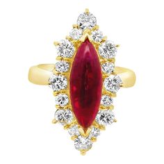 A striking 2.98 carat ruby takes center stage in this contemporary designed ring. The ruby, cut in a smooth cabochon-marquise style, displays a deep red hue which is seen in fine Burmese rubies such as this. Surrounding the ruby are 1.41 carats of round, brilliant-cut diamonds, adding a dazzling white sparkle. Crafted from 18k yellow gold, this piece is both elegant and bold ready to be worn and loved. Certified by the AGL in NY that the ruby is natural with a Burmese (Burma) origin.  Ring size: Luxury Vintage Round Cut Ruby Ring, Burmese Ruby Ring, Luxury 22k Gold Ruby Ring, Luxury Yellow Gold Ruby Ring Oval Cabochon, Luxury Red Cabochon Ruby Ring, Burmese Ruby, Ruby Diamond Rings, Rare Gemstones, Modern Ring