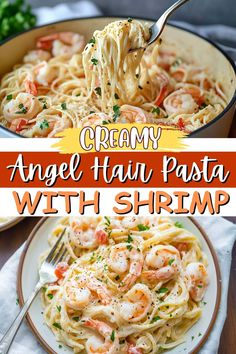 creamy angel hair pasta with shrimp and parmesan cheese is an easy dinner recipe