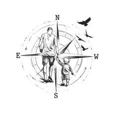 a black and white drawing of two people standing in front of a compass with birds flying around