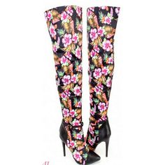 Printed Flowered Knee High Boots Trendy Multicolor Boots For Spring, Multicolor Floral Print Boots For Summer, Trendy Multicolor Spring Boots, Multicolor Floral Print Summer Boots, Summer Floral Print Boots, Fitted Floral Print Summer Boots, High Heel Floral Print Boots For Party, Party Boots With Floral Print And Pointed Toe, High Heel Floral Print Party Boots