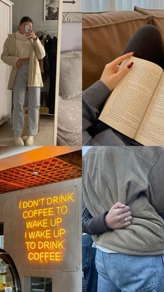 a collage of photos with people drinking coffee and reading books