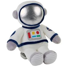 a white and blue stuffed animal toy with an astronaut suit on it's chest