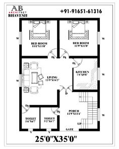 the floor plan for a two bedroom house with stairs and an attached kitchen area, which is