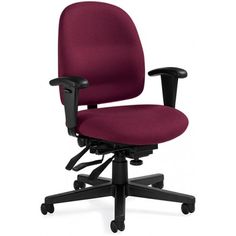 a red office chair with arms and back rests on a black base, viewed from the front