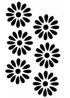 four black and white flower stencils on a white background, each with different petals