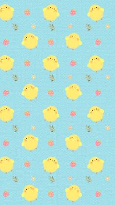 a blue background with small yellow chicks and flowers on the bottom right corner, in front of a light blue background