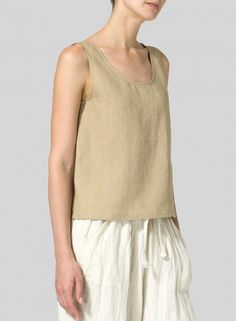 Linen Pocket Tank Top Chic Tank Vest For Layering, Tank Top For Layering In Fall, Fall Layering Tank Top, Casual Beige Vest Top, Versatile Tank Top Vest, Basic Spring Vest With Scoop Neck, Everyday Spring Vest Top, Basic Scoop Neck Vest For Spring, Linen Crew Neck Top For Layering