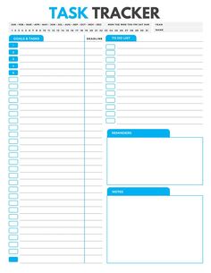 a printable task tracker is shown in blue