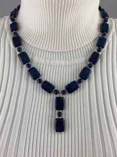 Beautiful Lapis Lazuli necklace featuring 1 3/4'' drop, adjustable 18'' - 19 1/2'' with sterling silver clasp  and links.  Earrings are on sterling silver ear wires, 1 1/2'' long. Raw Gemstone Jewelry, Lapis Pendant, Lapis Lazuli Jewelry, Lapis Lazuli Earrings, Lapis Lazuli Pendant, Lapis Lazuli Necklace, Blue Cobalt, Silver Jewelry Necklace, Swarovski Crystal Necklace