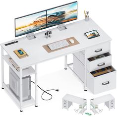 a computer desk with two monitors and drawers