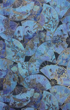 an abstract painting with blue and gold designs on the outside, including fan shaped leaves